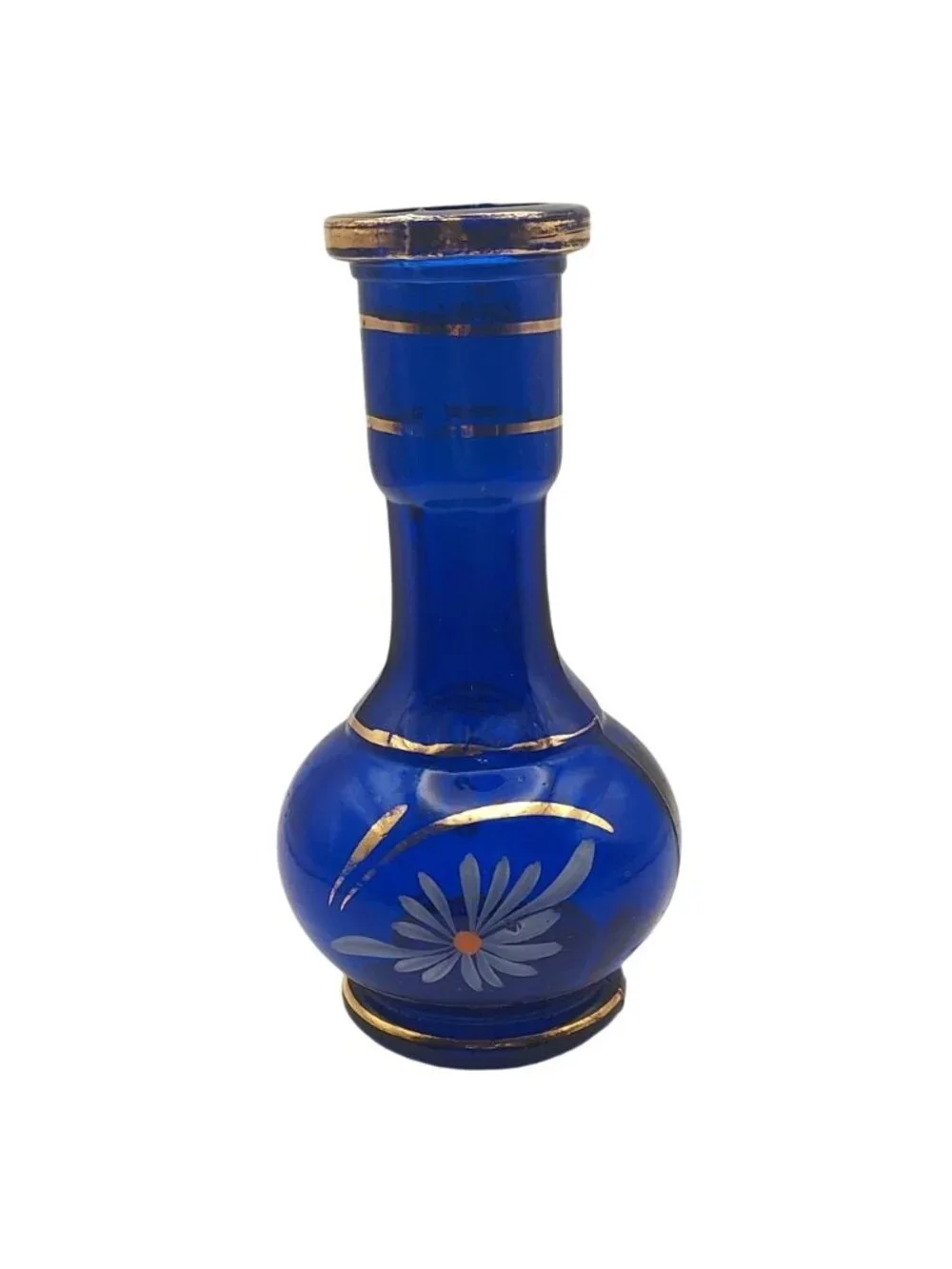 Vintage Cobalt Blue Glass Bud Vase Hand Painted Daisy Floral Cottage Shelf Decor
